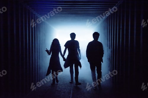 Preview: Silhouette of people walking in a dark subway tunnel to the light