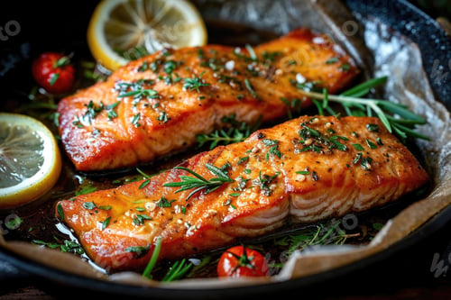 Preview: Tasty and fresh cooked salmon fish fillet with lemon and rosemary