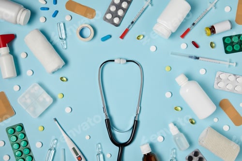 Preview: top view of stethoscope surrounded with different medicines on blue surface