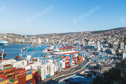 Preview: Aerial view of Valparaiso Harbor from Paseo 21 de Mayo at Cerro Artilleria Hill - Valparaiso, Chile