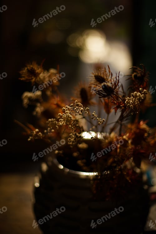 Preview: backlited flowers in vase on the table in sunset time