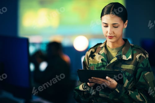 Preview: Military, woman and working with tablet in surveillance, control room or technical support for army