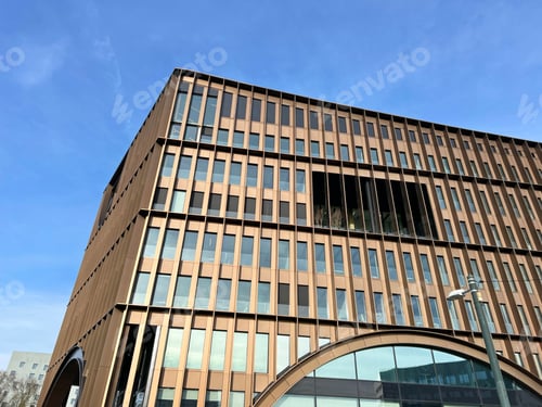 Preview: Exterior of modern brick house object. Architectural detail of skyscraper, close-up on the windows.