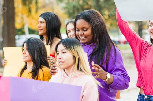 Preview: Group of protest strike rally march from female rights activist holding empty placard outdoors.