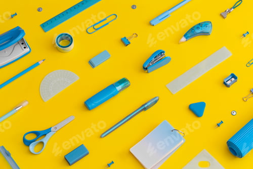 Preview: Pattern composition of school stationery on a yellow background. Top view. Flat lay.