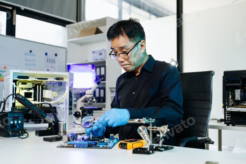 Preview: Engineer repairing computer motherboard with soldering iron in modern lab, showcasing technology,