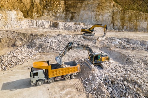 Preview: Open pit mining of construction sand stone materials with excavators and dump trucks