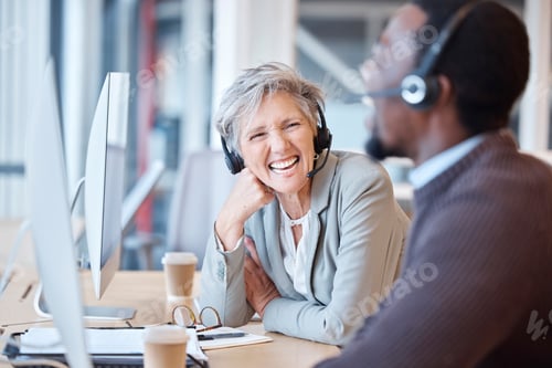 Preview: Call center, laughing and happy people in office for working, customer support or consulting. Telem