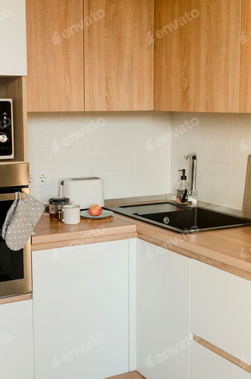 Preview: Home interior with kitchen, with dishes. Modern interior.