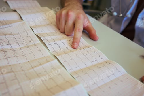Preview: Doctor analyzing electrocardiogram printout in hospital setting