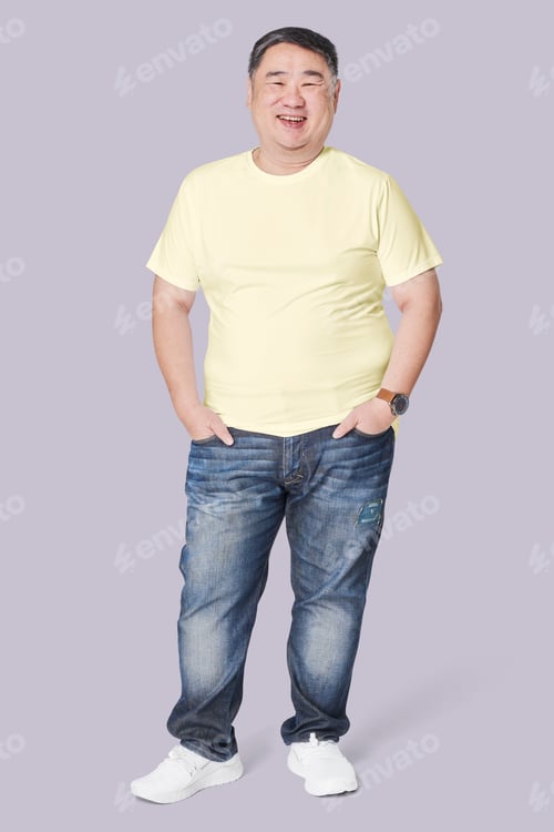 Preview: Men's yellow t-shirt and jeans plus size fashion full body