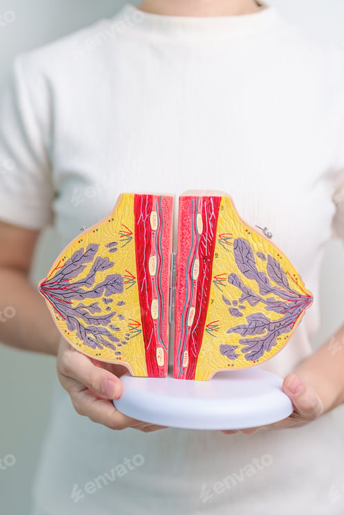 Preview: Woman holding Breast Anatomy model. Breast Augmentation Surgery, October Breast Cancer Awareness