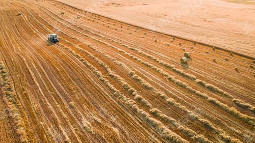 Preview: Tractor with round hay on field, aerial view
