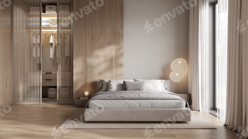 Preview: Stylish bedroom interior with closet and wooden panel, 3D Rendering