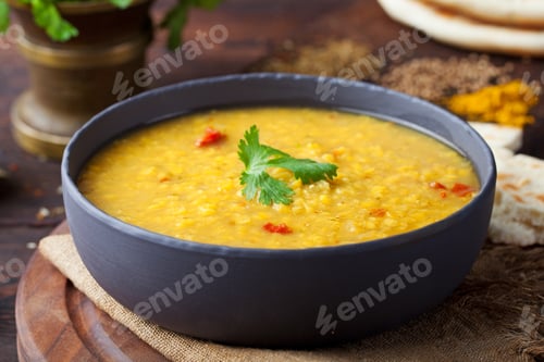 Preview: Red lentil Indian soup with flat bread Masoor dal