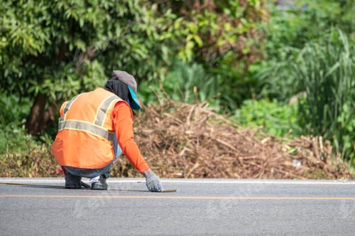 Preview: Worker wearing uniform is striping with measuring on the road