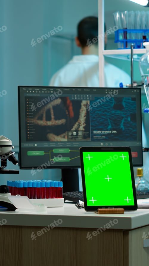 Preview: Tablet with green chroma key screen placed on desk in lab