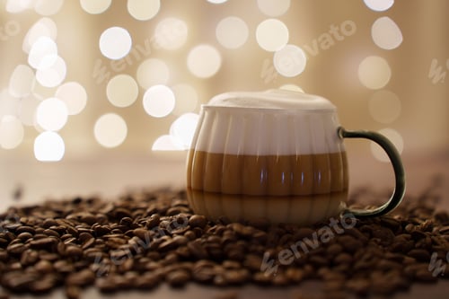 Preview: Layered cappuccino in an elegant mug with frothy top, surrounded by rich roasted coffee beans.