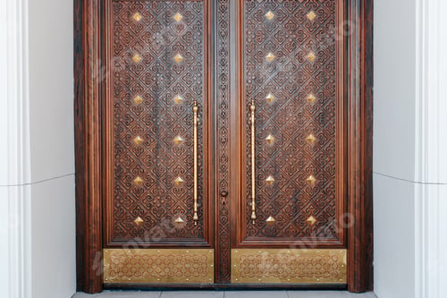 Preview: Antique wooden doors decorated with oriental patterns, wood carvings, iron gold handles