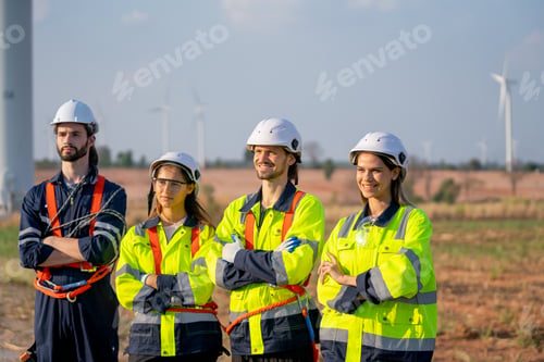 Preview: Group of engineer or technician workers stand in a row with arm-crossed and look to right side
