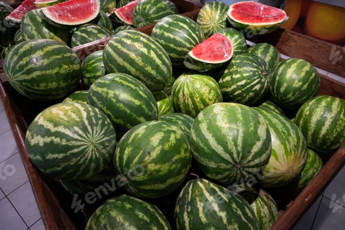 Preview: Close-up of ripe water-melons in box in supermarket