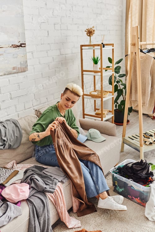 Preview: young tattooed woman holding leather pants while sitting on couch near clothes, racks and plants