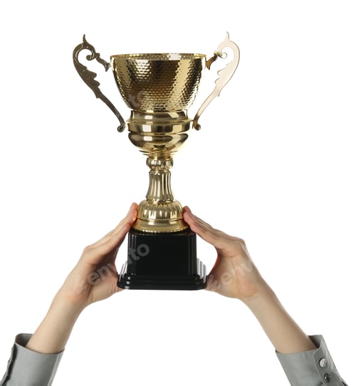 Preview: Woman with golden trophy cup on white background, closeup
