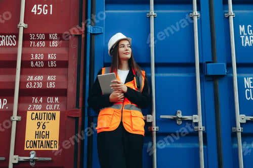 Preview: Female Engineer Logist with tablet drinking coffee from paper cup, having a break from work