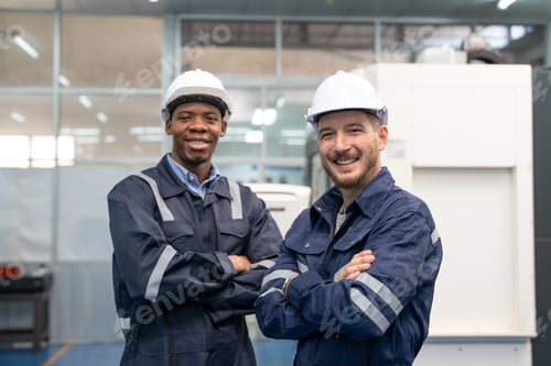 Preview: Smiling two male engineers standing and arms crossed working operator CNC machine at factory.