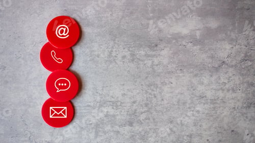 Preview: Red Contact Us Icons on Grey Background: Email, Phone, Chat, and Mail Symbols for Customer Service