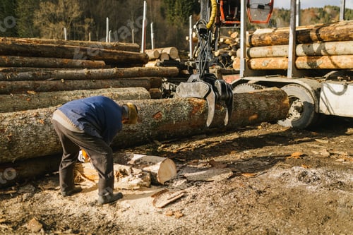 Preview: Worker cutting a fir tree with the chainsaw having the grapple hook holding it