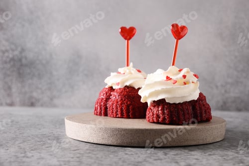 Preview: Red velvet cake in shape of hearts for Valentine's day. Tasty dessert with love.