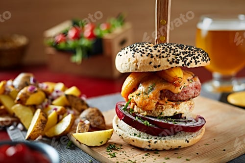 Hamburguesa apetitosa con cuchillo a bordo