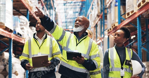 Preview: Warehouse, inventory and people with tablet in discussion for inspection checklist, export or updat