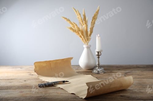 Preview: Old paper scroll, fountain pen and burning candle on wooden table, closeup
