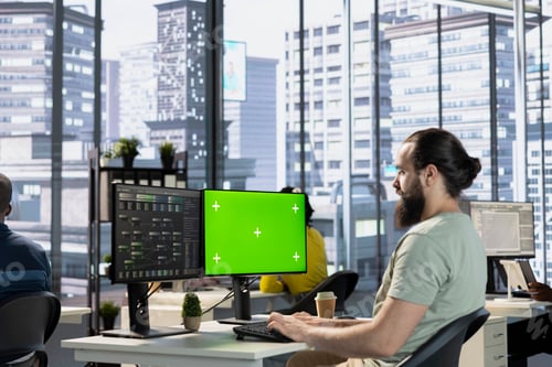 Preview: Admin using mockup computer, testing machine learning company software