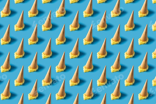 Preview: Melted yellow ice cream cone creative pastel seamless pattern blue background