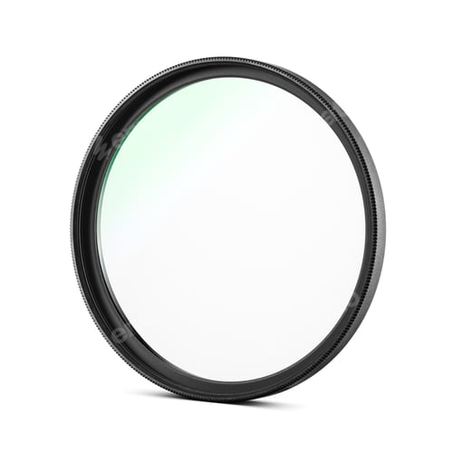 Preview: UV camera lens filter with green reflection and black rim isolated on white.