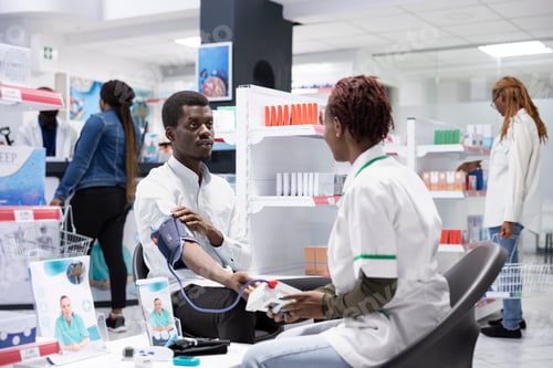 Preview: Healthcare worker in a pharmacy shop using blood pressure monitor