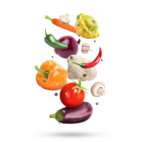 Preview: Fresh vegetables and spices in air on white background