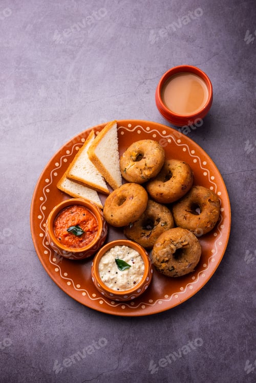 Preview: Instant leftover bread medu vada served with chutney and hot tea, Indian breakfast or snack recipe