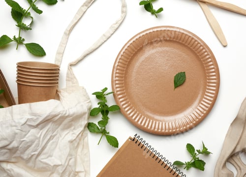 Preview: Textile bag and disposable tableware from brown craft paper, green mint leaves