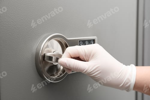 Preview: Woman in gloves opening modern safe, closeup