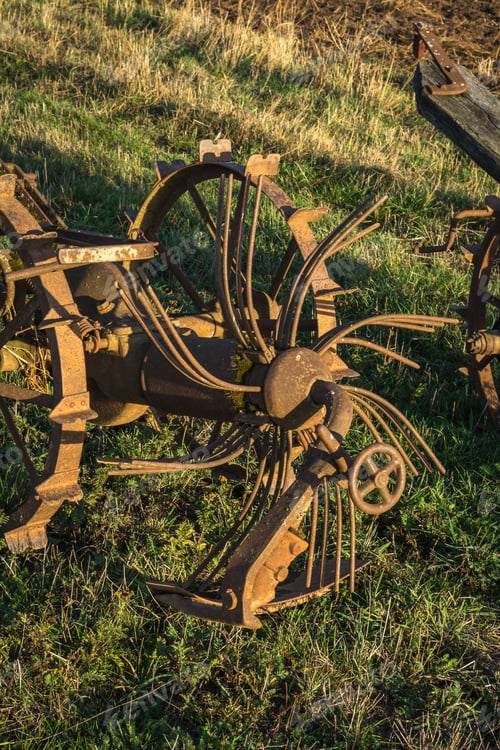Preview: Vertical closeup of an old rusty plow in a green field