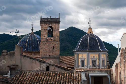 Preview: Brick tower and dome steeple of Iglesia de la Asuncion church in Onda, Castellon, Spain
