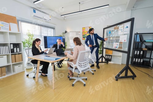 Visualização: Profissionais de negócios discutindo projeto em um escritório moderno