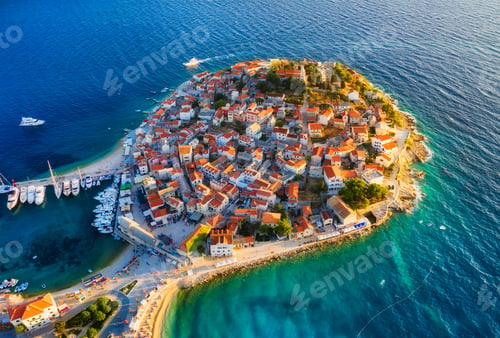 Preview: Primosten town, Croatia. View of the city from the air. Seascape with beach and old town.