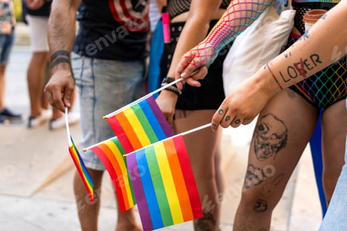 Preview: Lgbt people holding rainbow flags at pride parade