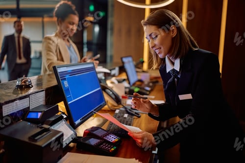 Preview: Happy receptionist going through paperwork during guest registration at the hotel.