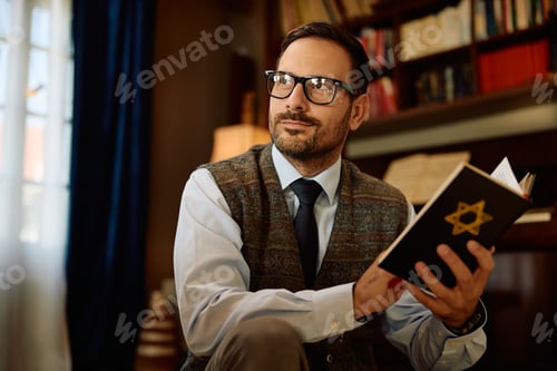 Preview: Smiling Jewish man reading Hebrew bible at home.
